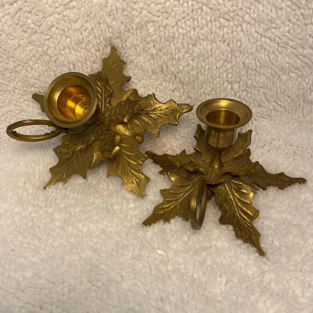 Set of Two Vintage Solid Brass Holly Leaf Candlestick Holders